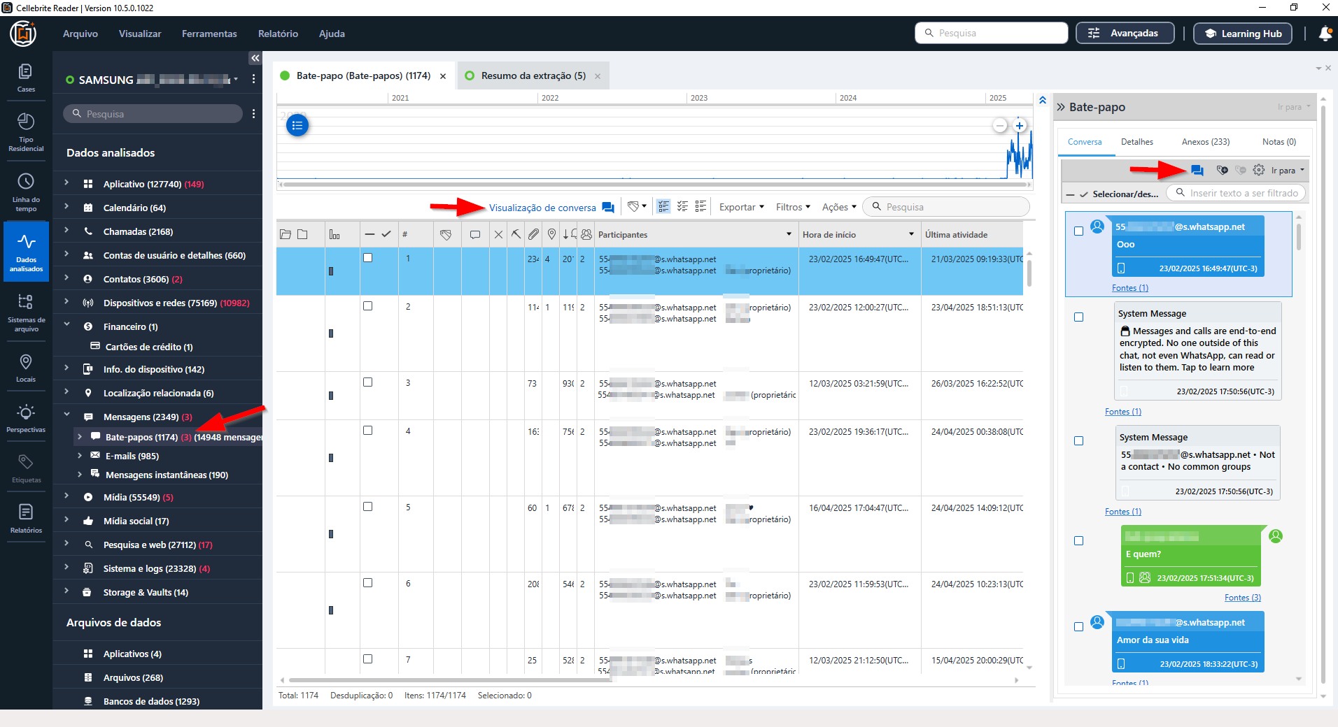 Cellebrite Reader — use a Visualização de conversa
