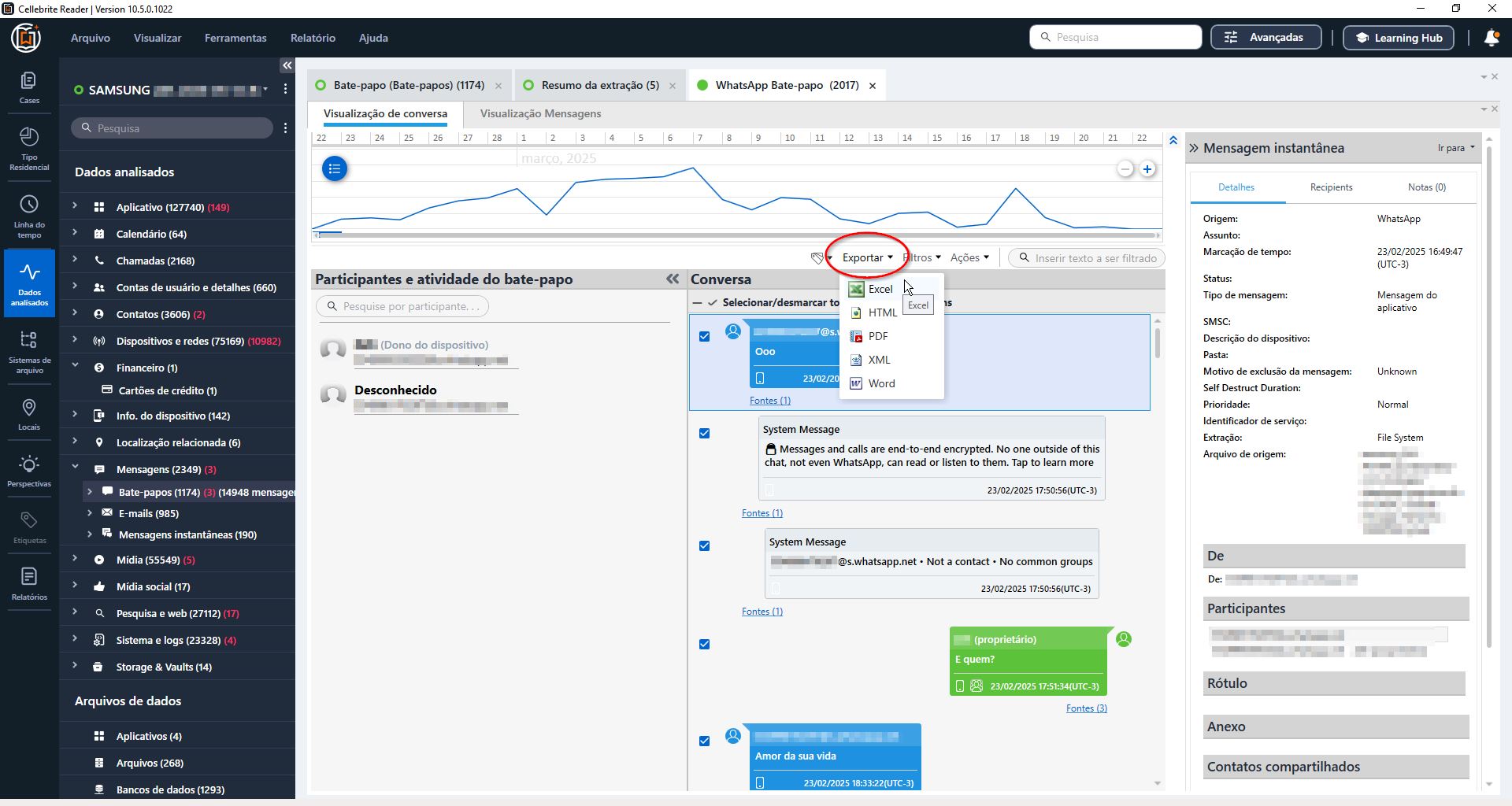 Cellebrite Reader — exportar como Excel